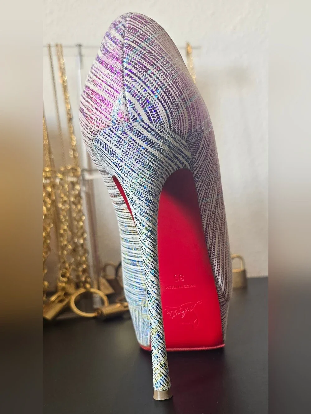 Christian Louboutin Laminated Suede Multicolor Peep-Toe Platform Pumps Sz 35